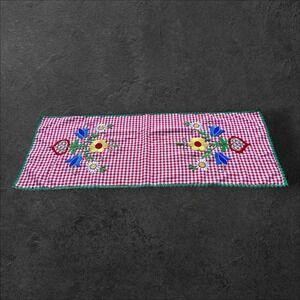 Vintage Red Gingham Table Topper Runner‎ Embroidered 38" X 16" Cottagecore Green